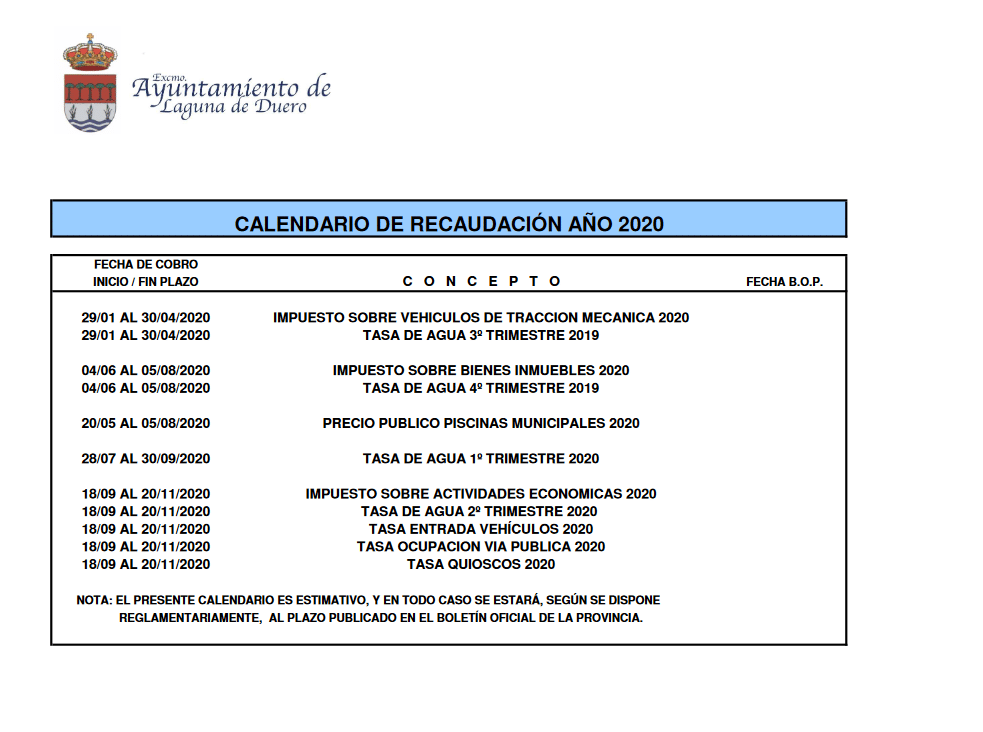 Calendario de recaudaciones