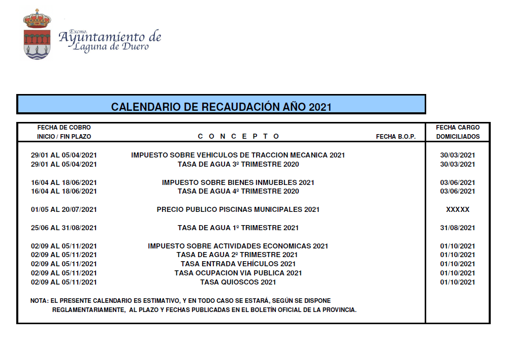 calendario recaudación 2021